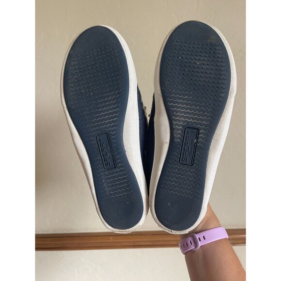 Sperry Navy Blue Canvas Boat Shoes Striped Slip On Nautical Preppy Coastal Beach - Picture 8 of 9